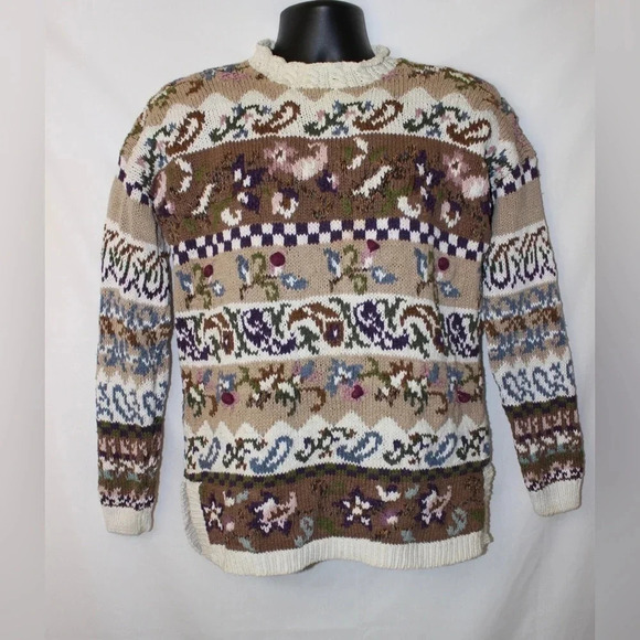 Women’s Vintage Knit Patterned Mockneck Cottagecore Neutral Toned Sweater Small - Picture 1 of 16